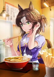  absurdres animal_ears blowing_on_food blurry blurry_background blush breasts breath brown_hair chopsticks clover_hair_ornament commentary female fine_motion_(umamusume) food green_eyes hair_bun hair_ornament hanamura_pink hand_in_own_hair hanging_light highres holding holding_chopsticks horse_ears horse_girl horse_tail indoors looking_at_viewer medium_breasts multicolored_hair noodles purple_shirt ramen sailor_collar school_uniform shirt short_sleeves single_hair_bun sitting solo table tail tracen_school_uniform tray tucking_hair two-tone_hair umamusume 