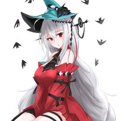  aqua_headwear arknights ascot bare_shoulders between_legs black_ascot breasts clothing_cutout commentary_request cowboy_shot detached_sleeves dress female hair_between_eyes hand_between_legs head_tilt headgear long_hair long_sleeves looking_at_viewer maiq06 medium_breasts official_alternate_costume open_mouth red_dress red_eyes short_dress sitting skadi_(arknights) skadi_the_corrupting_heart_(arknights) solo thigh_cutout thighs very_long_hair white_hair 