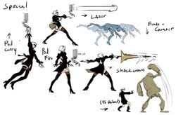  1boy 1tori 2b_(nier:automata) 2others 9s_(nier:automata) boots brown_legwear commentary_request concept_art dodging dragoon_lance_(nier) drone emmanuel_edeko firing high_heel_boots high_heels lance machine_(nier) multiple_others nier:automata nier_(series) pod_(nier:automata) polearm super_smash_bros. thigh_boots thighhighs thighhighs_under_boots weapon 