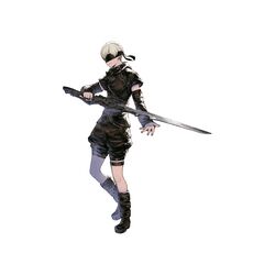  1boy 9s_(nier:automata) alternate_costume black_blindfold black_flower black_footwear black_shorts blindfold boots detached_sleeves flower full_body grey_hair highres holding holding_sword holding_weapon lunar_tear male_focus nier:automata nier_(series) nier_reincarnation official_art short_hair shorts simple_background solo sword thigh_strap type-4o_sword weapon white_background yoshida_akihiko 