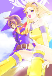  1boy :d aika_(eternal_arcadia) akio_(mememe) bad_id bad_pixiv_id eternal_arcadia female flight_goggles open_mouth smile vyse 