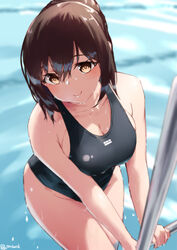  aya_(jonsun) black_one-piece_swimsuit blush breasts brown_eyes brown_hair cleavage closed_mouth collarbone competition_swimsuit female jonsun large_breasts long_hair looking_at_viewer one-piece_swimsuit original pool poolside smile solo swimsuit thighs wet 