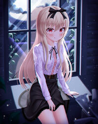  absurdres arifureta_shokugyou_de_sekai_saikyou black_bow black_hairband black_ribbon black_skirt blonde_hair blush bow bow_hairband closed_mouth collared_shirt dress_shirt female hair_between_eyes hairband hairbow highres indoors long_hair long_sleeves looking_at_viewer miniskirt moon neck_ribbon red_eyes ribbon ryon_y0421 shirt sitting skirt smile solo tongue tongue_out very_long_hair white_shirt wing_collar yue_(arifureta) 