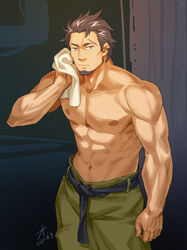  1boy abs arm_at_side bara beard brown_hair collarbone dark_background dated decadence_(anime) facial_hair green_pants grey_eyes hand_up highres indoors kaburagi_(decadence) lrpanda00 male_focus manly muscular muscular_male navel pants photoshop_(medium) scar solo standing sweatdrop towel wet 