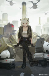  animal_ears arknights black_gloves black_jacket blurry blurry_background boots castle-3_(arknights) cross cross-laced_footwear crossed_legs drone gloves grey_hair hair_ornament hairclip highres jacket jewelry jinrouguguzhi lace-up_boots lancet-2_(arknights) lappland_(arknights) necklace red_cross ring ring_necklace scar scar_across_eye scar_on_face shirt sleeves_rolled_up smile white_shirt yellow_eyes 