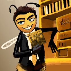  1:1 4_fingers american_psycho antennae_(anatomy) anthro arm_support arthropod barry_b._benson bee bee_movie biped black_body black_clothing black_eyebrows black_fur black_hair black_suit blue_eyes bookshelf bottomless bottomless_male cd_player clothed clothing digital_media_(artwork) digital_painting_(artwork) eyebrows fingers fur furniture glistening glistening_eyes grin hair half-length_portrait holding_case holding_cd_case holding_object hymenopteran insect_wings insects inside knockabiller leaning_on_elbow looking_aside male meme movie_reference multicolored_body multicolored_fur multicolored_necktie narrowed_eyes necktie orange_necktie patrick_bateman portrait pupils redraw screencap_redraw shelf short_hair smile smirk solo striped_body striped_fur stripes suit teeth teeth_showing thick_eyebrows throbbing_gristle two_tone_body two_tone_fur two_tone_necktie white_wings wings yellow_body yellow_fur yellow_necktie yellow_theme 