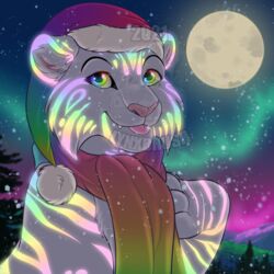  1:1 2021 aurora_(phenomenon) aurorea_(tigerriser) black_eyebrows black_tear_ducts christmas christmas_clothing christmas_headwear clothing conditional_dnp evergreen_tree eyebrows fangs felid female feral forepaw_on_chest full_moon glowing glowing_markings hat headgear headwear holidays icon iridescent iridescent_eyes iridescent_markings lynxbrush mammal markings moon mountain multicolored_eyes multicolored_markings multicolored_scarf night pantherine paws pine_tree pink_nose plant rainbow_eyes rainbow_hat rainbow_markings rainbow_scarf rainbow_stripes santa_hat scarf signature snow snowing snowing_outside solo sparklefur stripes teeth tiger tongue tongue_out tree watermark white_body wilderness 