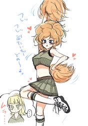  2girls bad_id bad_twitter_id blonde_hair blunt_bangs blush cheerleader girls_und_panzer highres kamonohashi_(girls_und_panzer) koala_forest_military_uniform long_hair messy_hair midriff multiple_girls navel open_mouth orange_hair pleated_skirt pom_pom_(cheerleading) ponytail shoes short_sleeves simple_background skirt smile sneakers toku_(yhpv8752) translation_request wallaby_(girls_und_panzer) 