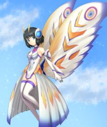  absurdres antennae armor arthropod_girl black_hair blue_eyes blue_sky breasts bug claws cloud commentary cosplay crossover day eternal_mothra female godzilla_(series) green_eyes highres insect_wings kohinata_miku kusunotaiboku large_wings medium_breasts monster moth moth_girl moth_wings mothra mothra_(cosplay) senki_zesshou_symphogear senki_zesshou_symphogear_xd_unlimited short_hair sky smile symphogear_pendant wings x-drive_(symphogear) 