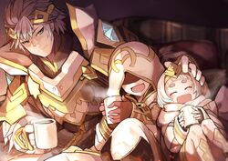  1boy 1other blue_eyes blue_hair brother_and_sister brown_gloves closed_eyes closed_mouth coffee_mug cup female fire_emblem fire_emblem_heroes gloves gradient_hair hair_ornament hand_on_another&#039;s_head highres holding holding_cup hood hood_up hrid_(fire_emblem) kiran_(fire_emblem) knees_up long_sleeves mug multicolored_hair nakabayashi_zun open_mouth short_hair siblings sitting smile tiara white_hair ylgr_(fire_emblem) 