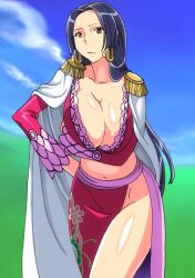  amazon amazon_lily blue_hair boa_hancock breasts cleavage earrings female female ichijiku jewelry large_breasts long_hair one_piece shichibukai 