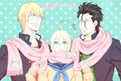  2boys ? ahoge alternate_costume anger_vein aqua_background artoria_pendragon_(fate) bad_id bad_pixiv_id black_hair blonde_hair casual diarmuid_ua_duibhne_(lancer)_(fate) fate/zero fate_(series) female flying_sweatdrops gakuran gilgamesh_(fate) green_eyes hair_ribbon mole mole_under_eye multiple_boys neckerchief orange_eyes photoshop_(medium) pink_scarf polka_dot polka_dot_background red_eyes ribbon saber_(fate) scarf school_uniform serafuku shared_clothes shared_scarf sweater tomose0224 upper_body 