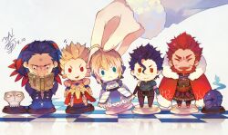  4boys :&lt; ahoge artoria_pendragon_(fate) assassin_(fate/zero) beard berserker_(fate/zero) board_game book cape chess chess_piece chessboard chinese_commentary commentary_request diarmuid_ua_duibhne_(lancer)_(fate) facial_hair fate/zero fate_(series) female gilgamesh_(fate) gilles_de_rais_(caster)_(fate) helmet irisviel_von_einzbern iskandar_(fate) mask minatsume multiple_boys saber_(fate) 