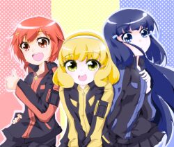  3girls :d :o aoki_reika blonde_hair blue_eyes blue_hair commentary_request cosplay eyelashes hairband hino_akane_(smile_precure!) iwasaki_ryuuji iwasaki_ryuuji_(cosplay) long_hair multiple_girls open_mouth orange_eyes orange_hair precure rainbow_order sakurada_hiromu sakurada_hiromu_(cosplay) sakurai_toma short_hair smile smile_precure super_sentai tokumei_sentai_go-busters usami_youko usami_youko_(cosplay) white_hairband yayoi_kise yellow_eyes 