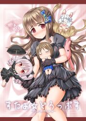  4girls black_dress black_gloves black_gothic_dress_(idolmaster) black_umbrella blonde_hair blush bow brown_hair chibi choker closed_eyes commentary_request dress eyebrows futaba_anzu gloves hair_ornament hairbow idolmaster idolmaster_cinderella_girls kamiya_nao kanzaki_ranko long_hair lying mimura_kanako multiple_girls parasol red_eyes smile takasaka_donten twintails umbrella 