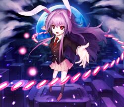  ainy animal_ears bad_id bad_pixiv_id black_socks blazer blush brown_footwear bullet city danmaku female full_moon jacket long_hair long_sleeves moon necktie night open_mouth pink_skirt pleated_skirt purple_hair rabbit_ears red_eyes red_necktie reisen_udongein_inaba shirt skirt smile socks solo touhou very_long_hair white_shirt 