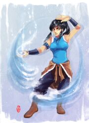  avatar_legends bare_shoulders black_hair blue_eyes boots commentary dark-skinned_female dark_skin female hair_tubes kellylee korra long_hair photoshop_(medium) solo the_legend_of_korra vambraces water 