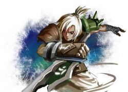  armor bandages broken broken_sword broken_weapon brown_eyes chinese_commentary commentary female gauntlets league_of_legends photoshop_(medium) riven_(league_of_legends) short_hair shoulder_pads solo sword tienao weapon white_hair wrist_wrap 