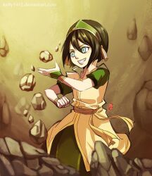  aqua_eyes avatar:_the_last_airbender avatar_legends black_hair blind chinese_clothes commentary_request female kellylee photoshop_(medium) rock solo toph_bei_fong 