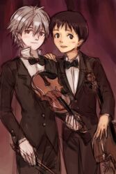  2boys bad_id bad_pixiv_id bow bowtie cello commentary formal ikari_shinji instrument kuzuvine male_focus multiple_boys nagisa_kaworu neon_genesis_evangelion suit traditional_bowtie violin 