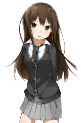  bad_id bad_pixiv_id blush brown_hair cardigan female green_eyes highres idolmaster idolmaster_cinderella_girls long_hair muttan_(ashiru-f) necktie school_uniform shibuya_rin skirt solo transparent_background 