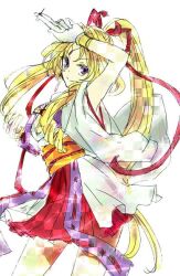  blonde_hair bracelet breasts female gloves japanese_clothes jewelry kaitou_jeanne kamikaze_kaitou_jeanne kusakabe_maron purple_eyes skirt 