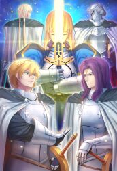  2girls 3boys ahoge armor artoria_pendragon_(fate) bad_id bad_pixiv_id bedivere_(fate) blonde_hair blue_eyes braid cape dress earrings excalibur_(fate/stay_night) fate/apocrypha fate/extra fate/grand_order fate/stay_night fate/zero fate_(series) french_braid gauntlets gawain_(fate) glowing glowing_weapon hair_ribbon helmet jewelry knight lancelot_(fate/zero) long_hair mordred_(fate) mordred_(fate/stay_night) multiple_boys multiple_girls photoshop_(medium) puffy_sleeves purple_eyes purple_hair ribbon saber_(fate) spoilers sword tsukikanade weapon 