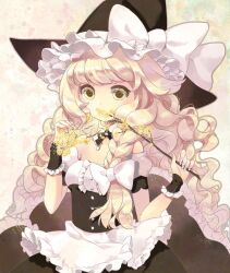  alternate_costume apron bare_shoulders blonde_hair bow braid branch commentary_request corset covering_own_mouth female frills glitter hairbow hat hat_bow kirisame_marisa long_hair nail_polish partial_commentary photoshop_(medium) seal_(pukozin) side_braid solo touhou wavy_hair white_bow witch witch_hat wrist_cuffs yellow_eyes 