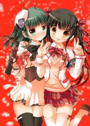  2girls armband bad_id bad_pixiv_id black_legwear blush bow bowtie corset hairbow hat multiple_girls original petals plaid plaid_bow plaid_bowtie plaid_ribbon plaid_skirt red_background ribbon school_uniform skirt sodapop_(iemaki) thighhighs tube twintails white_legwear zettai_ryouiki 