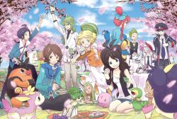  5girls 6+boys :t ^_^ apron arm_around_shoulder arm_up art_brush barefoot berry_(pokemon) bianca_(pokemon) black_hat blanket blonde_hair blue_gloves blue_sky bluk_berry bow bowtie breast_rest breasts brown_hair burgh_(pokemon) canvas_(object) chandelure cheren_(pokemon) cherry_blossoms chopsticks cilan_(pokemon) climbing closed_eyes clumsy coat commentary_request cube cup dango dark_skin day deerling deerling_(spring) easel eating elesa_(pokemon) emmet_(pokemon) food food_on_face ghetsis_(pokemon) glasses gloves grass green_eyes green_hair hair_ornament hanami hand_on_another&#039;s_shoulder hat hat_loss head_rest hiding hilbert_(pokemon) hilda_(pokemon) holding holding_cup holding_ears holding_food holding_leaf indian_style ingo_(pokemon) iris_(pokemon) kneeling kuronomine leaf litwick long_hair long_sleeves looking_at_another looking_up matching_outfits medium_breasts multiple_boys multiple_girls munna n_(pokemon) nature no_headwear objectification onigiri orange_legwear outdoors paintbrush painting_(action) painting_(object) pansage pants pantyhose peaked_cap pecha_berry petals picnic pignite pokemon pokemon_(creature) pokemon_bw puffy_short_sleeves puffy_sleeves purple_hair red_hair sandwich sanshoku_dango seiza serving short_sleeves shorts sitting skirt sky skyla_(pokemon) sleeveless small_breasts smile snivy spill spring_(season) surprised table tablecloth tea teacup team_plasma team_plasma_grunt teapot themed_object traditional_bowtie tray tree tripping under_the_table unworn_eyewear unworn_hat unworn_headwear vest wagashi waistcoat waiter white_apron white_gloves white_hat yunomi 