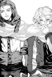  2boys commentary_request dated edward_keddy greyscale hikagami_yukiri hood hoodie ivan_karelin jacket letterman_jacket male_focus monochrome multiple_boys scarf signature tiger_&amp;_bunny 