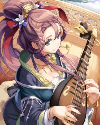  bangle bracelet braid breasts bushin_renkei_zero cleavage comet_(teamon) commentary_request earrings female flower grey_eyes hair_flower hair_ornament instrument jewelry long_hair lute_(instrument) medium_breasts photoshop_(medium) pink_hair ring smile twin_braids 