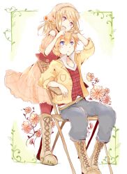  1boy belt blonde_hair blue_eyes bokujou_monogatari bokujou_monogatari:_futago_no_mura boots chair character_request commentary_request dress female flower purple_eyes xxxx_saki 