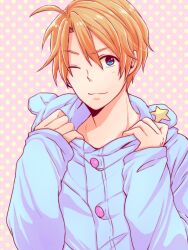  1boy ahoge america_(hetalia) animal_costume axis_powers_hetalia bear_costume blonde_hair blue_eyes male_focus one_eye_closed polka_dot polka_dot_background rmrm440 smile solo star_(symbol) 