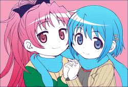  2girls blue_eyes blue_hair commentary_request hair_ornament hair_ribbon hairclip halftone holding_hands interlocked_fingers long_hair mahou_shoujo_madoka_magica mahou_shoujo_madoka_magica_(anime) miki_sayaka multiple_girls outline red_eyes red_hair ribbon sakura_kyoko scarf shared_clothes shared_scarf smile yuuki_akira 