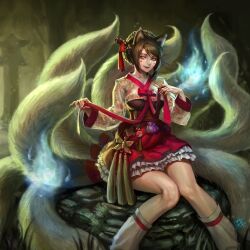  ahri animal_ears brown_hair cat_ears fox_ears fox_tail hair_ornament hanbok korean_clothes league_of_legends legs multiple_tails tail yellow_eyes 