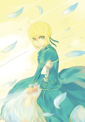  ahoge artoria_pendragon_(fate) blonde_hair commentary_request dress fate/stay_night fate_(series) female gbaspgbc green_eyes hair_ribbon invisible_air_(fate) petals photoshop_(medium) ribbon saber_(fate) solo sword weapon 