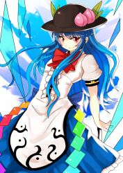  blue_hair bow commentary_request female food fruit hat hinanawi_tenshi long_hair nosuku peach red_eyes smile solo touhou 