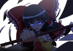  ascot black_hair blue_eyes bow commentary_request female glowing glowing_eyes gohei h-new hair_tubes hairbow hakurei_reimu long_hair open_mouth photoshop_(medium) solo touhou upper_body 