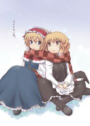  2girls alice_margatroid blonde_hair blue_eyes boots brown_hair capelet checkered commentary_request cross-laced_footwear dress headdress indian_style kirisame_marisa lace-up_boots lockheart multiple_girls no_headwear scarf shared_clothes shared_scarf sitting snowing touhou translated yuri 