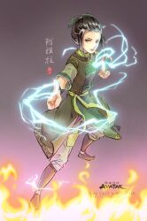  avatar:_the_last_airbender avatar_legends azula black_hair chinese_clothes commentary electricity english_commentary female fighting_stance fire highres kellylee photoshop_(medium) short_hair solo yellow_eyes 