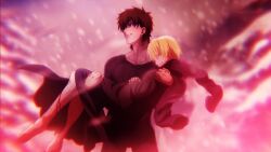  2boys blonde_hair brown_hair carrying coat commentary_request derivative_work fate/zero fate_(series) gilgamesh_(fate) kotomine_kirei multiple_boys naked_coat parody princess_carry rinoko_otoge shirt spoilers t-shirt 