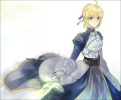  ahoge armor armored_dress artoria_pendragon_(fate) bad_id bad_pixiv_id blonde_hair character_name copyright_name dress excalibur_(fate/stay_night) fate/zero fate_(series) female gauntlets green_eyes hair_ribbon invisible_air_(fate) ribbon saber_(fate) solo sword weapon winora 