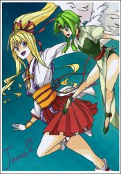  2girls angel angel_wings blonde_hair finn_fish green_eyes green_hair japanese_clothes kaitou_jeanne kamikaze_kaitou_jeanne kusakabe_maron multiple_girls open_mouth purple_eyes wings 