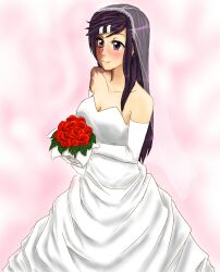  bare_shoulders blush bouquet breasts bridal_veil bride burn_scar cleavage commentary dress elbow_gloves english_commentary female flower gloves hair_ornament hairclip ikezawa_hanako katawa_shoujo long_hair purple_eyes purple_hair rose scar small_breasts solo twrlare veil wedding_dress white_dress white_gloves 