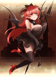  bad_id bad_pixiv_id bare_shoulders black_dress black_thighhighs blush breasts building castle cleavage demon_girl demon_tail demon_wings detached_collar dress female hair_ribbon high_heels horns legs_folded long_hair mtyy original photoshop_(medium) polearm red_eyes red_hair ribbon shoes short_dress skirt skull small_breasts smile solo tail thighhighs trident weapon wings 