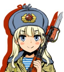  ak-74 assault_rifle bayonet blonde_hair blue_eyes blush_stickers commentary_request female fur_hat gun hammer_and_sickle hat inoue_kiyoshirou jacket kalashnikov_rifle long_hair military military_uniform original rifle shirt smile solo soviet strap striped_clothes striped_shirt telnyashka uniform upper_body ushanka weapon 