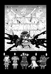  5girls ^^^ akemi_homura akemi_homura_(magical_girl) beret cape colonel_aki corrupted_metadata cup dancing doujinshi drill_hair english_text greyscale hair_ribbon hairband hat highres kaname_madoka kaname_madoka_(magical_girl) leg_hair long_hair mahou_shoujo_madoka_magica mahou_shoujo_madoka_magica_(anime) miki_sayaka miki_sayaka_(magical_girl) monochrome multiple_girls polearm ponytail ribbon sakura_kyoko sakura_kyoko_(magical_girl) short_twintails sparkle spear spoilers sweatdrop sword teacup tomoe_mami tomoe_mami_(magical_girl) twin_drills twintails weapon wraith_(madoka_magica) 