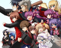  4boys 6+girls animal animal_on_head canine cat_on_head commentary_request doruji everyone feline futaki_kanata gun hanya_(hanya_yashiki) highres inohara_masato kamikita_komari kurugaya_yuiko little_busters! little_busters!_school_uniform miyazawa_kengo multiple_boys multiple_girls naoe_riki natsume_kyousuke natsume_rin nishizono_mio noumi_kudryavka on_head saigusa_haruka sasasegawa_sasami school_uniform tokido_saya umbrella weapon 