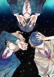  3boys black_nails blazer blonde_hair blue_hair cardigan circle_formation commentary_request covered_eyes hand_on_headwear hat hat_over_eyes hito666_syou ichinose_tokiya jacket kurusu_shou male_focus multiple_boys necktie red_necktie saotome_academy_school_uniform school_uniform shinomiya_natsuki_(uta_no_prince-sama) smile space star_(symbol) uta_no_prince-sama 